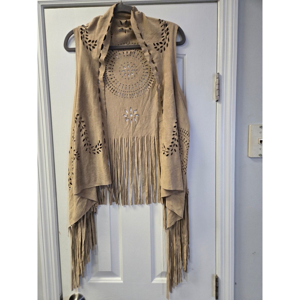 Grace & Lace Tan Faux Suede Laser Cut Fringe‎ Boho Western Vest Tan OS